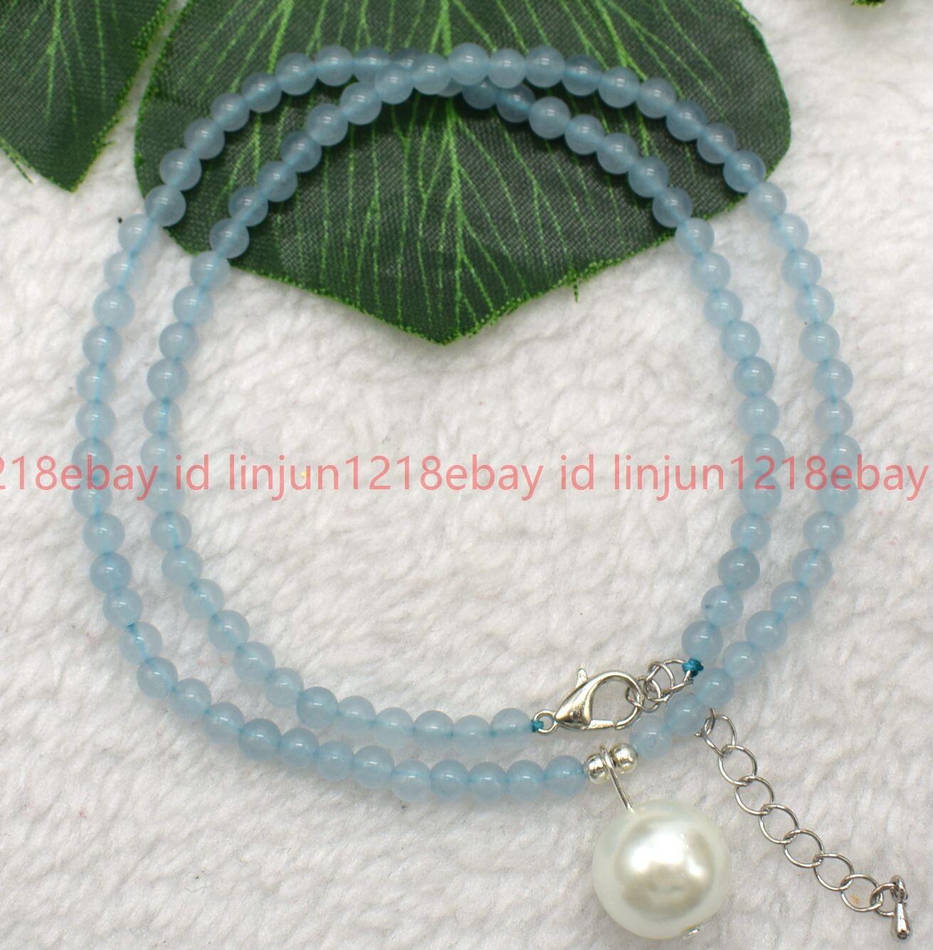 4mm Light Blue Jade Round Gems Beaded White Shell Pearl Pendant Necklace 16-28in