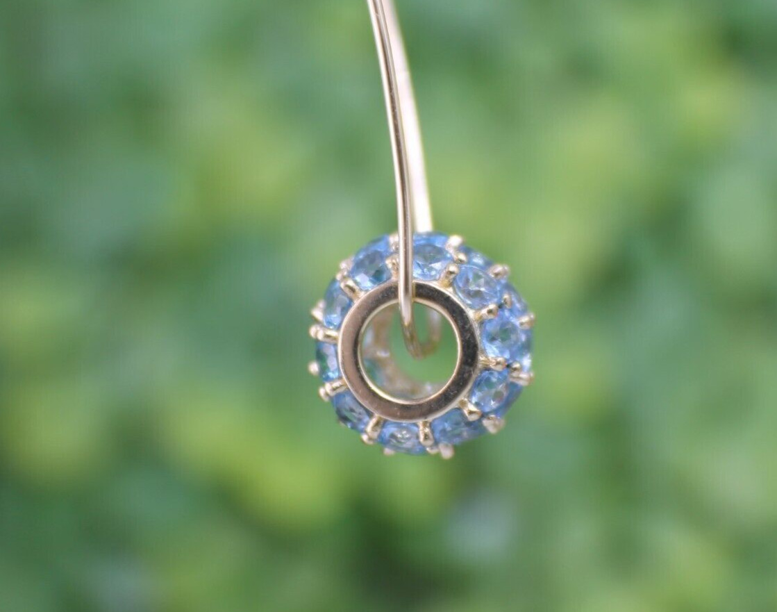 Solid 10K Yellow Gold Pave Bead Blue Topaz Pendant Slide Loads of Sparkle