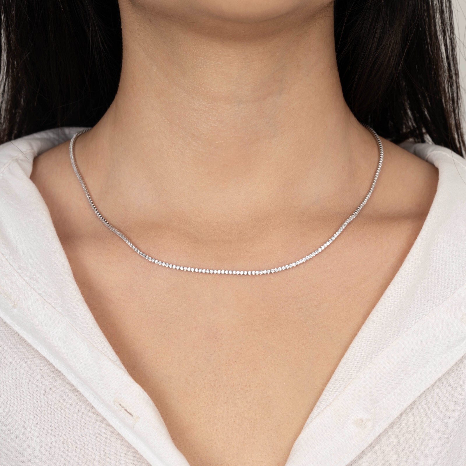 14k Gold Diamond Tennis Necklace, 3mm Round Diamond Tennis Necklace Women Her