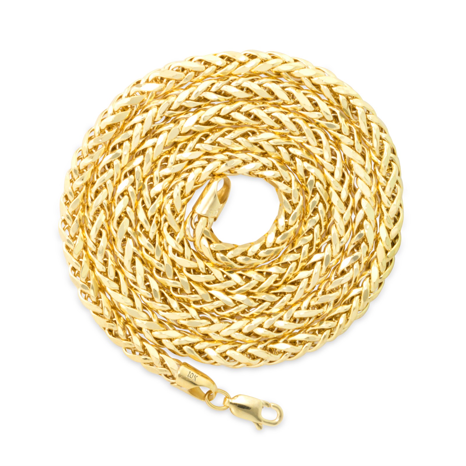 10K Yellow Gold 2.5mm-5mm Round Wheat Palm Franco Spiga Chain Necklace 16″- 30″