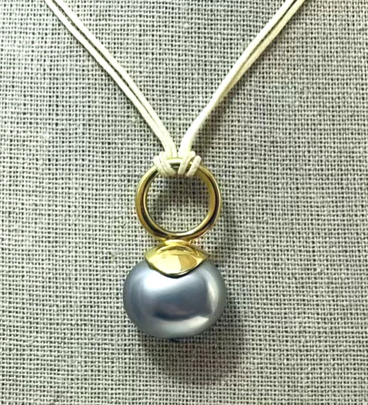 Gold Plated 925 Sterling Gray Faux Pearl Pendant Rope Necklace Minimalist Modern