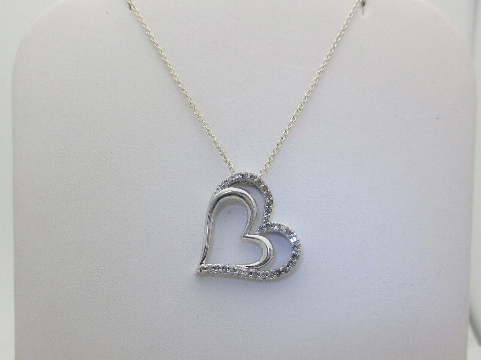 Natural Diamond Necklace Heart Women Double Sterling Silver Gift 19″ .32ct SN007