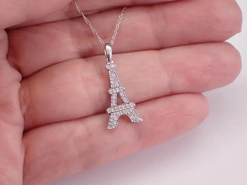 1.50Ct Round Real Moissanite Eiffel Tower Pendant 14K White Gold Plated Silver