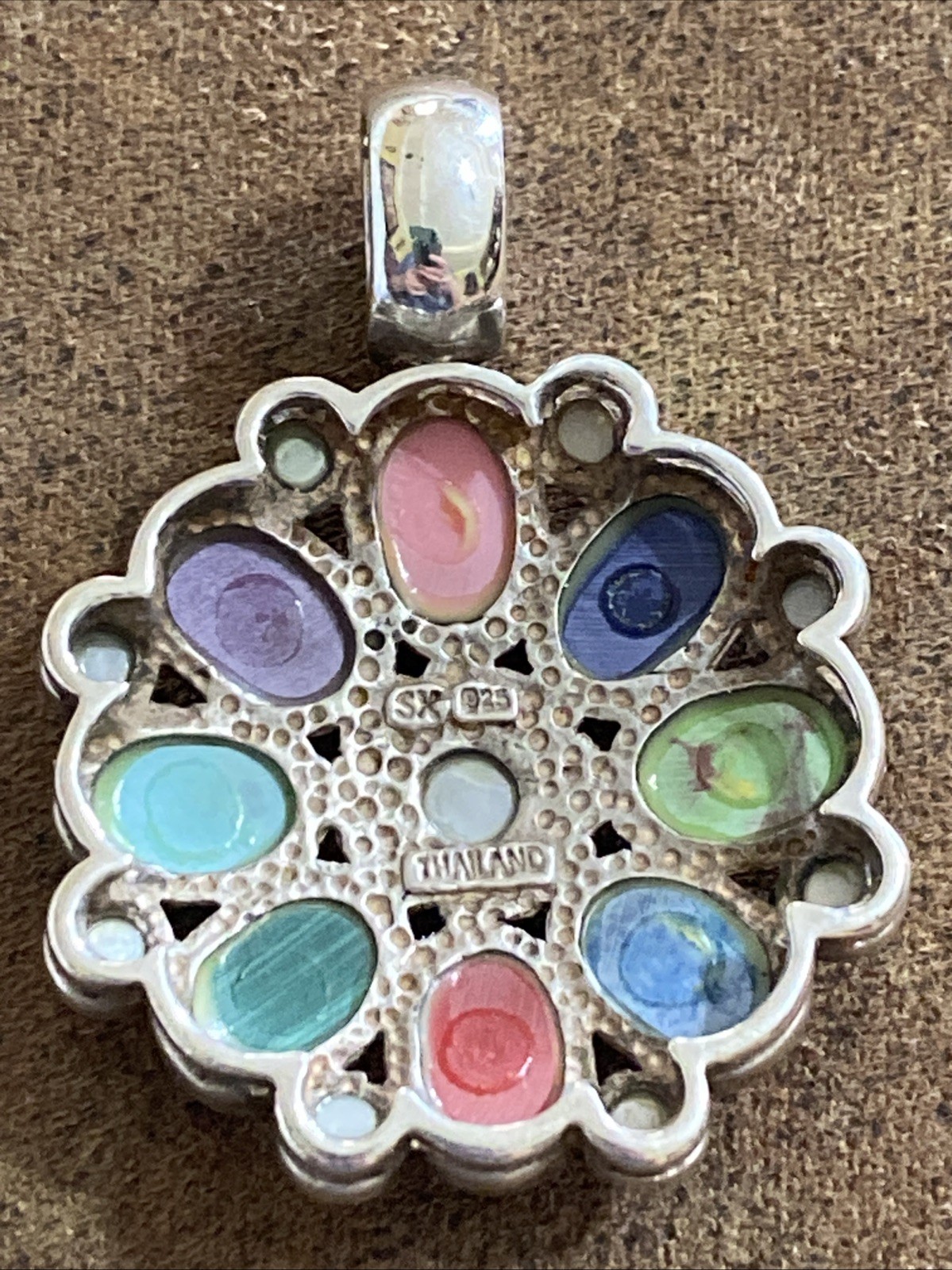 Sterling Silver Multi-Color Flower Necklace Pendant Signed SX 925 Thailand