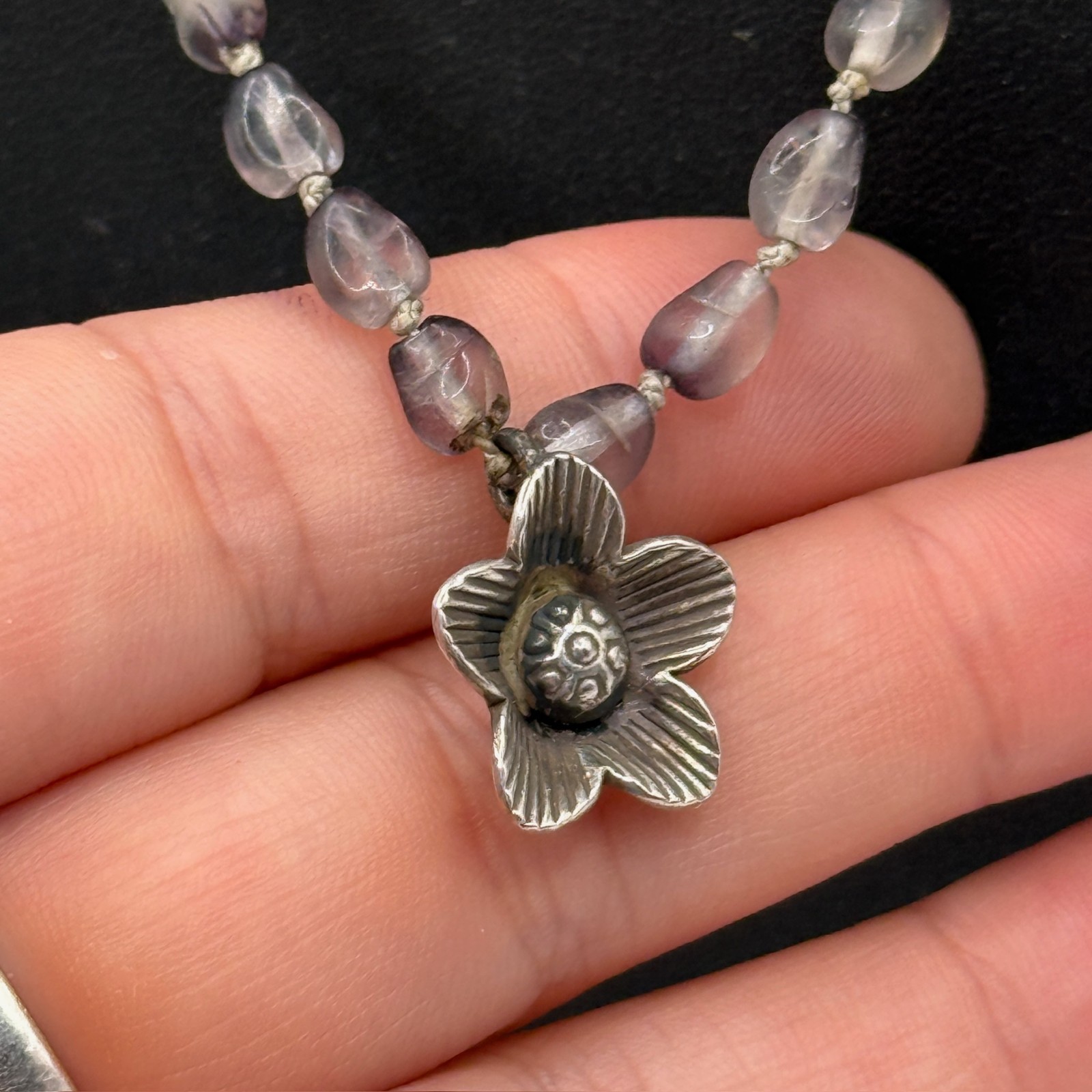 Vintage Grey Smokey Beaded Necklace 925 Sterling Silver Flower Pendant Boho Goth