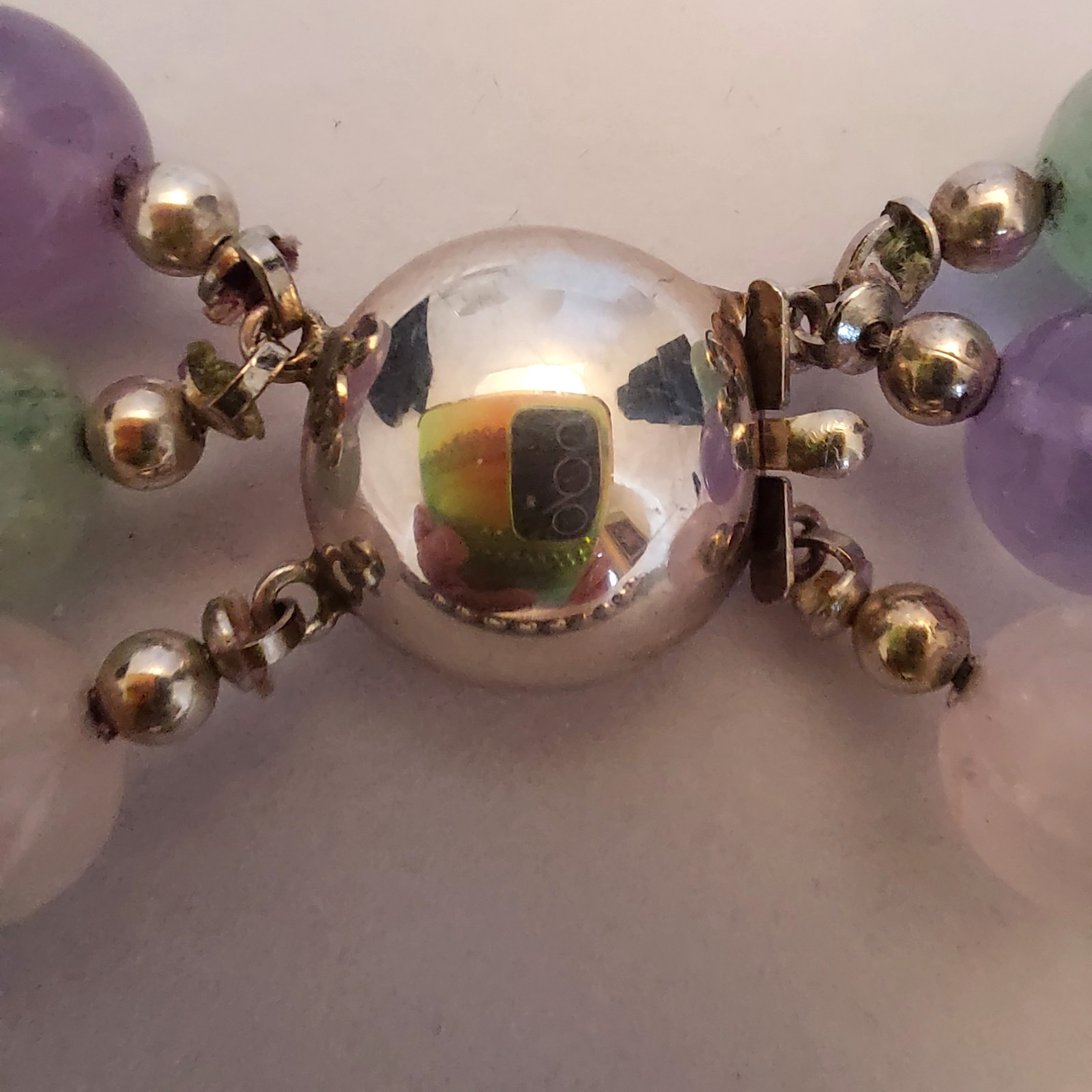 Sterling Silver Rose Quartz, Amethyst, Green Amethyst Multi-Strand Bead Necklace