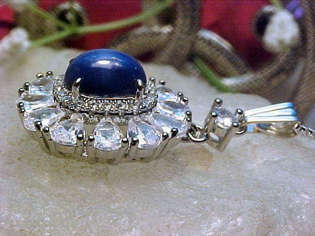 Genuine Blue Star Sapphire Pendant 8x6mm & White Topaz 925 SS White Gold Finish