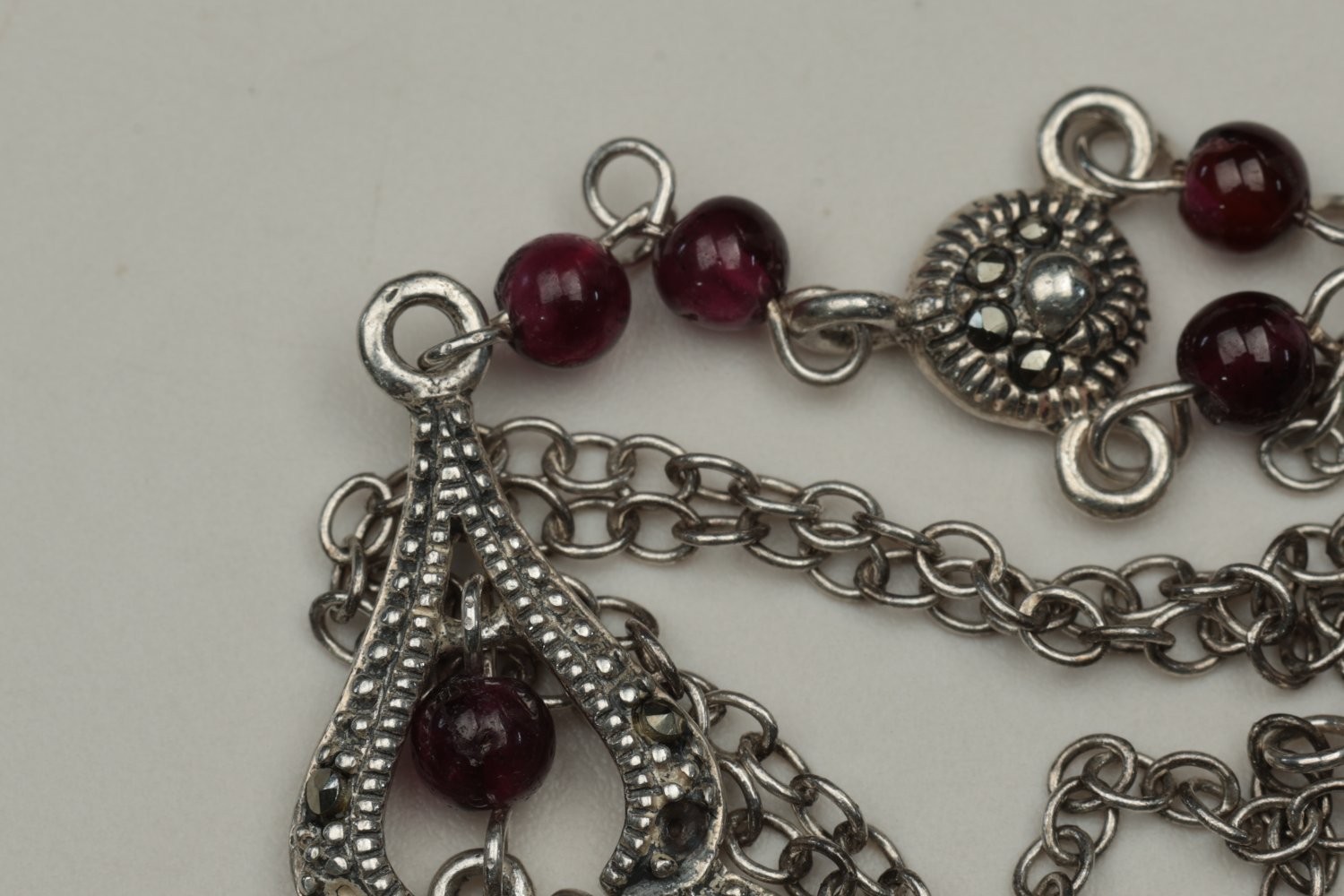 Vintage 925 Sterling Silver Marcasite Garnet Beaded Y-Drop Pendant Necklace 25g