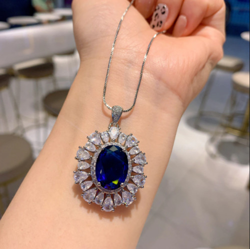 2.00Ct Lab Created Diamond Oval Blue Sapphire Halo Pendant 14K White Gold Finish