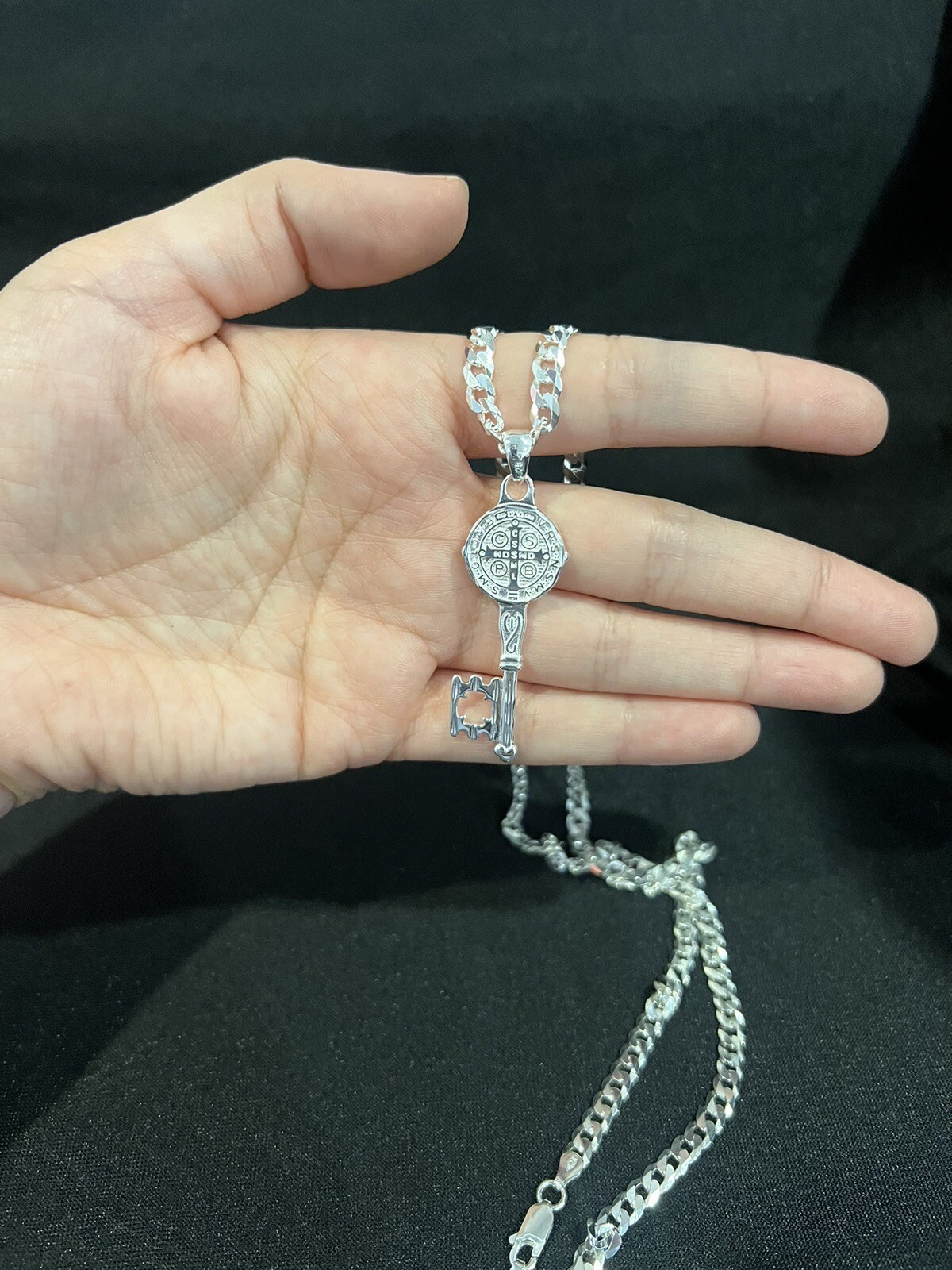 925 Sterling Silver Mens St Benedict Key San Benito Llave & Curb Chain 22 26 30