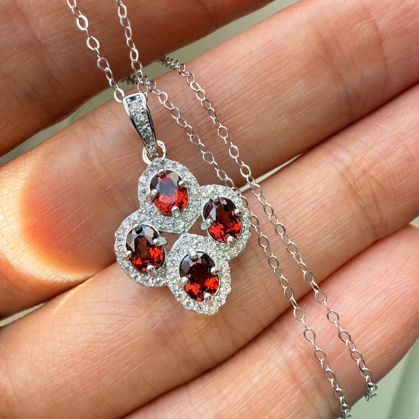 925 Sterling Silver Necklace 4x3mm Natural Garnet Gemstone Zircon Flower Chain