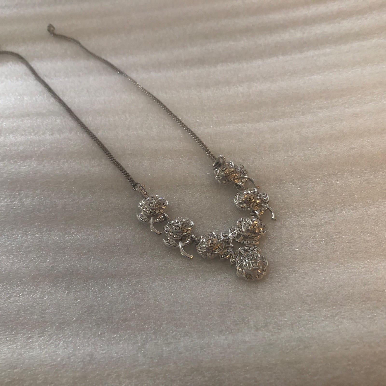 Sterling Silver Flower Necklace With Marcasite Gorgeous 17 Inches Long