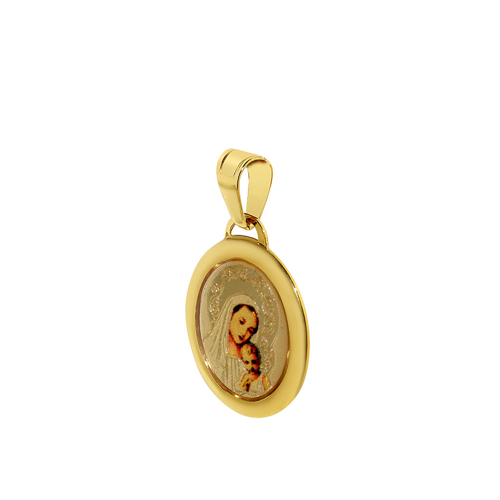 Genuine 14k Yellow Gold & Enamel Blessed Virgin and Baby Jesus Religious Pendant