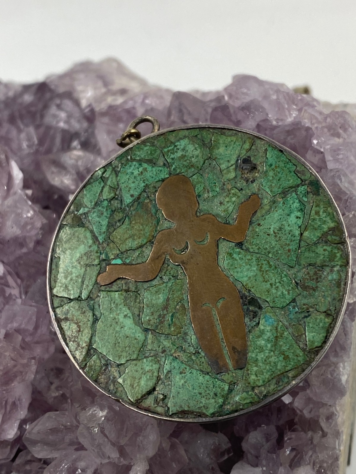 Vintage Taxco Sterling Silver & Crushed Turquoise Inlay Pendant with Nude Figure