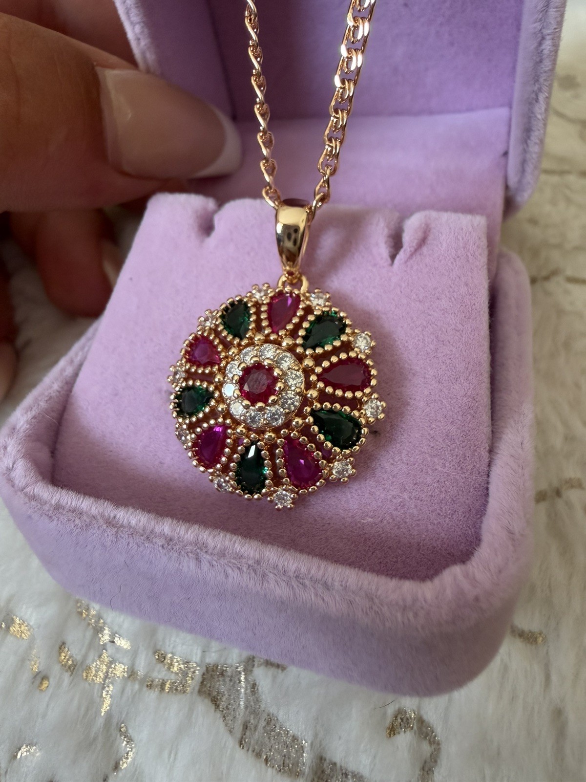 585 RG Hallmarked Rolled Rose Gold Necklace & Pendant zircon Vintage 50cm