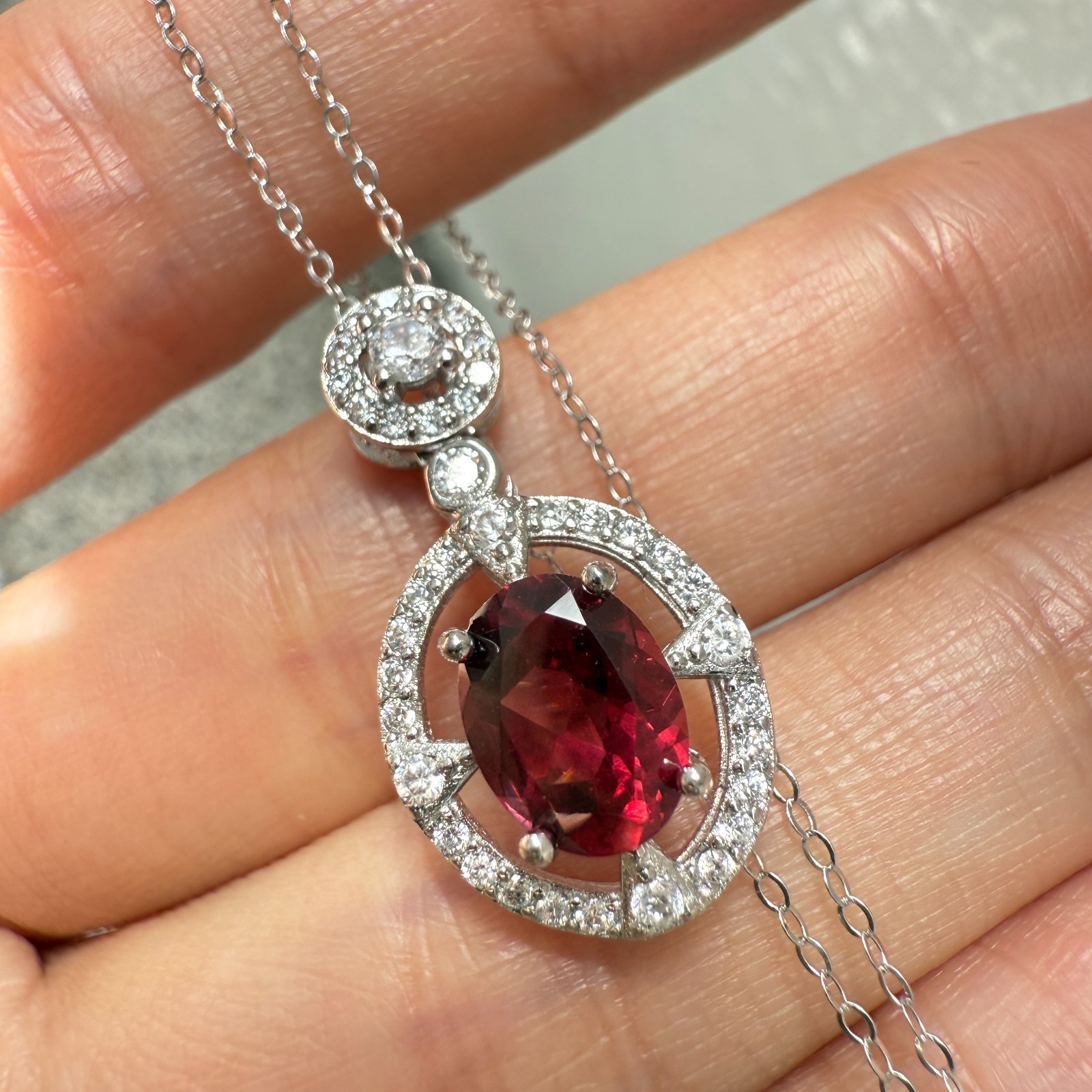 925 Sterling Silver Necklace 8x6mm Natural Garnet Zircon Flower Handmade Chain