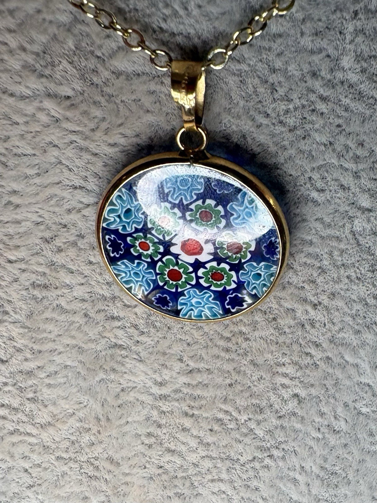 Vintage 18K 750 Bezel Italian Murano Millefiori Daisy Floral Pendant 2.10G 26mm