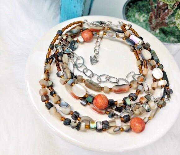Silpada Fiesta Fun Sterling Silver Coral Abalone Layered 925 Necklace N1563
