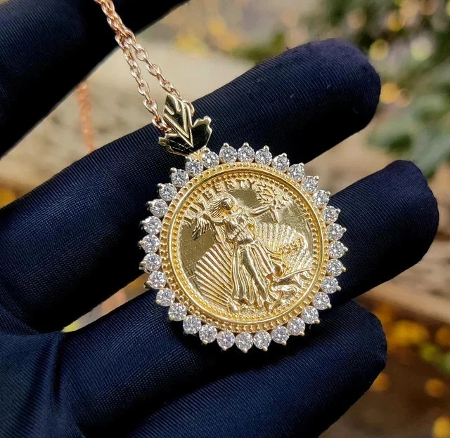 2.70Ct Round Simulated Diamond Liberty Coin Pendant 14K Yellow Gold Plated