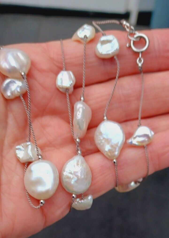 925 Sterling Silver Cultured Freshwater Pearl Long Necklace Keshi Pearl #A46