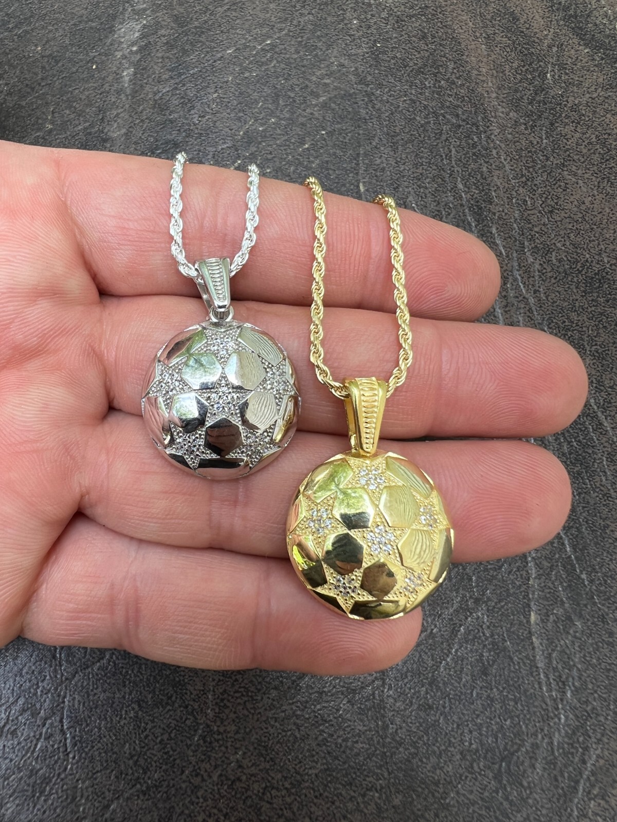 Real 925 Silver 14k Gold Plated Soccer Ball Futbol Star Pendant Necklace Icy CZ