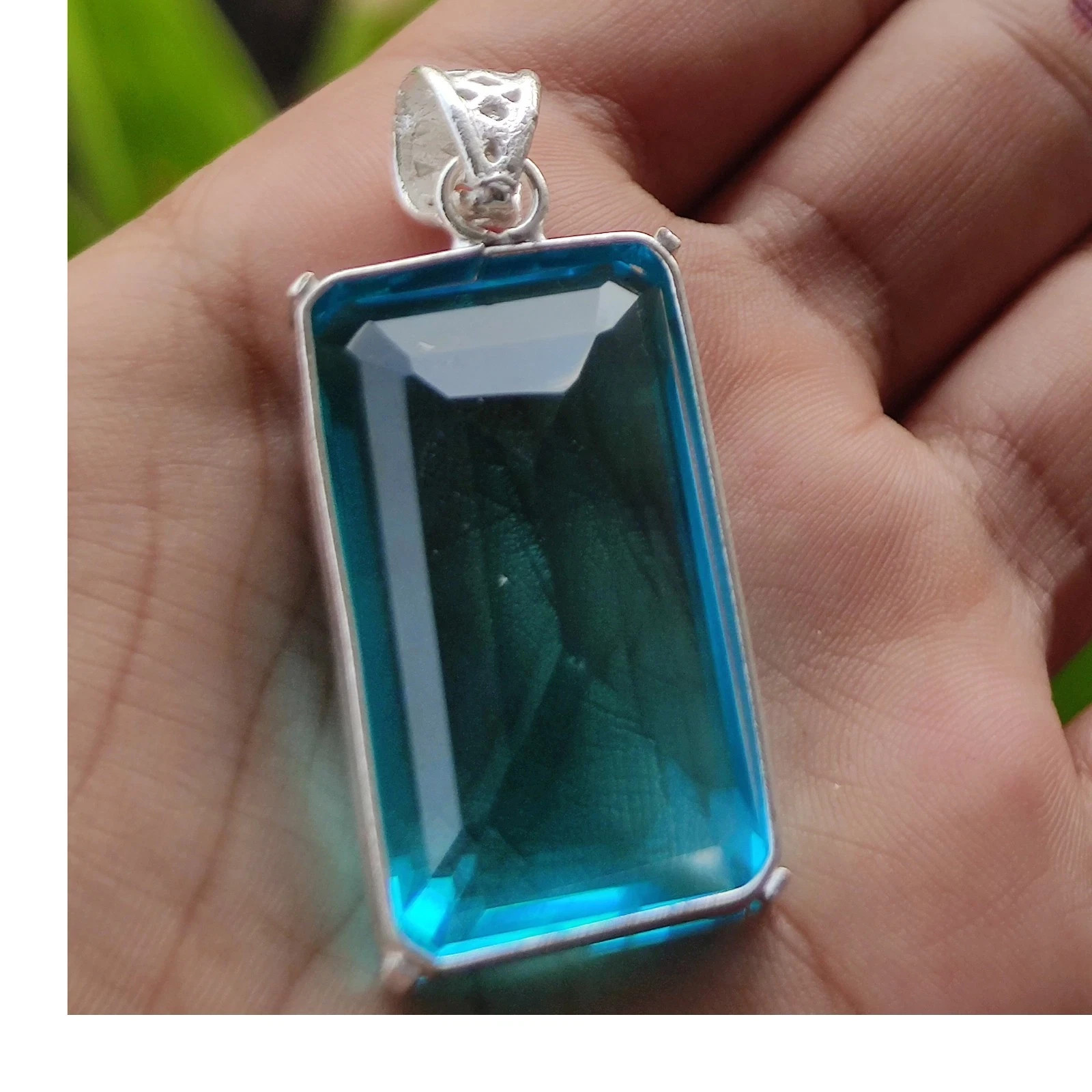 Share Natural 72 Ct Emerald Shape Blue Topaz Pendant 925 Sterling Silver