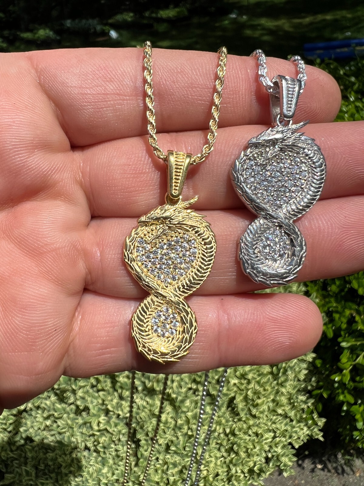 Real 925 Silver / 14k Gold Plated Dragon Infinite Flame Pendant Necklace Iced CZ