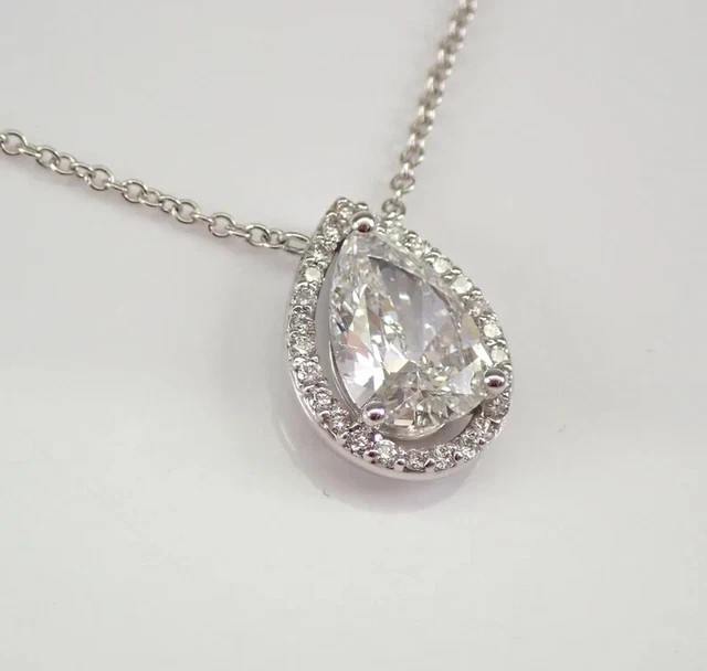 3 Ct Pear Cut Real Moissanite Halo Teardrop Pendant 14K White Gold Plated Silver