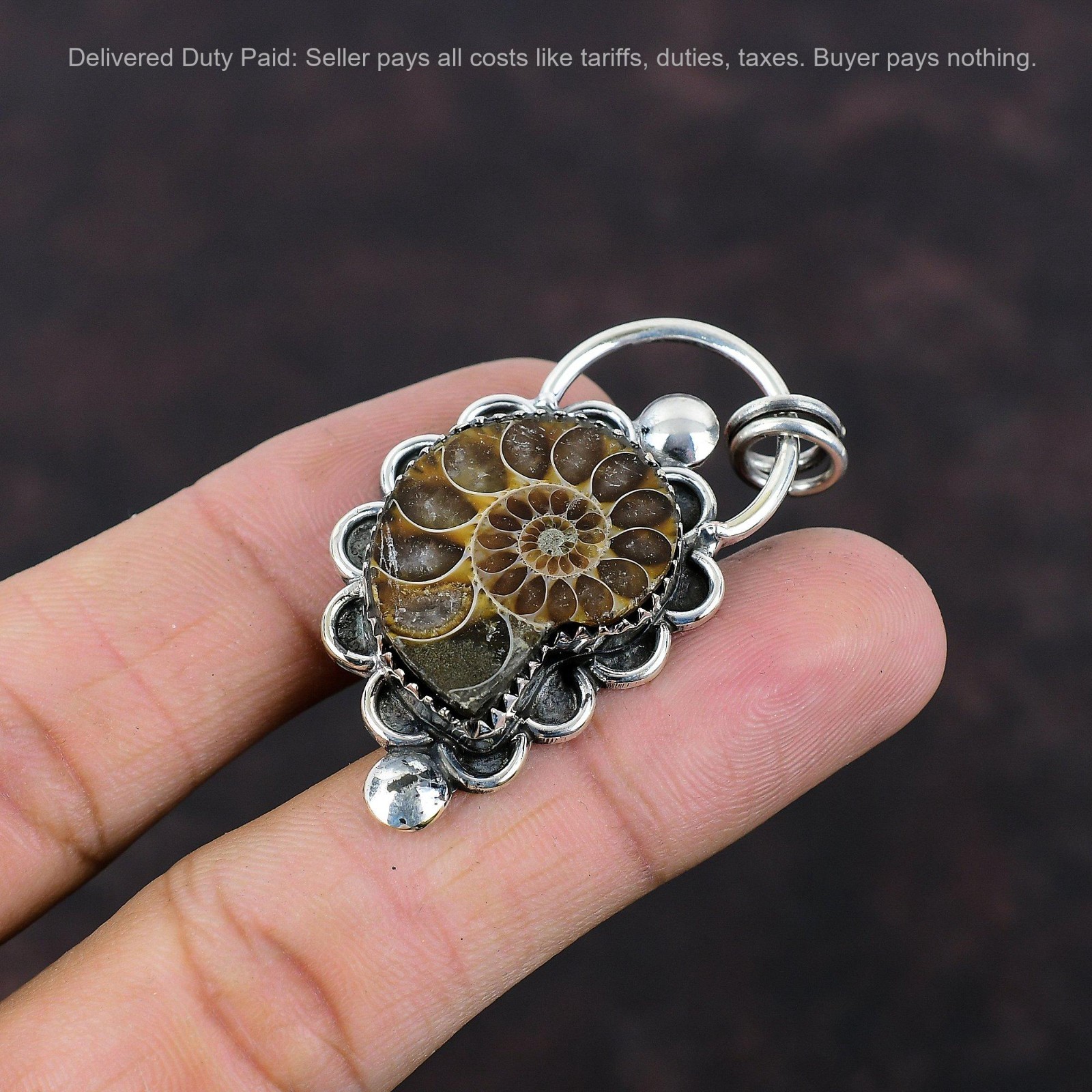 925 Silver Natural Ammonite Fossil Mother Anniversary Elegant Unique New Pendant