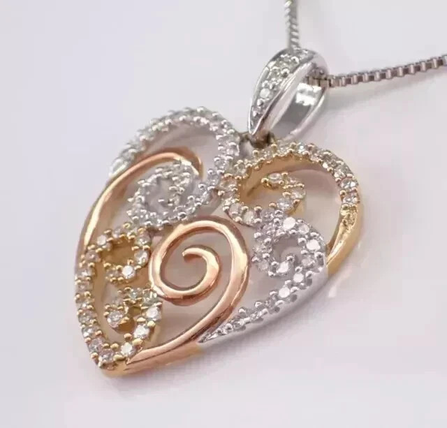 1Ct Round Cut Real Moissanite Heart Art Deco Pendant 14K Two Tone Gold Plated