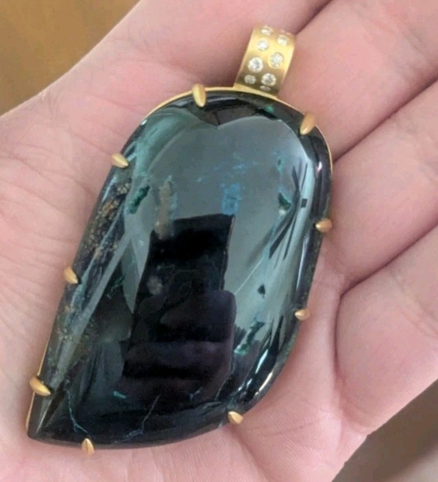 10k Yellow Gold Diamond Bail Blue Azurite Gemstone Large Pendant OOAK Women’s