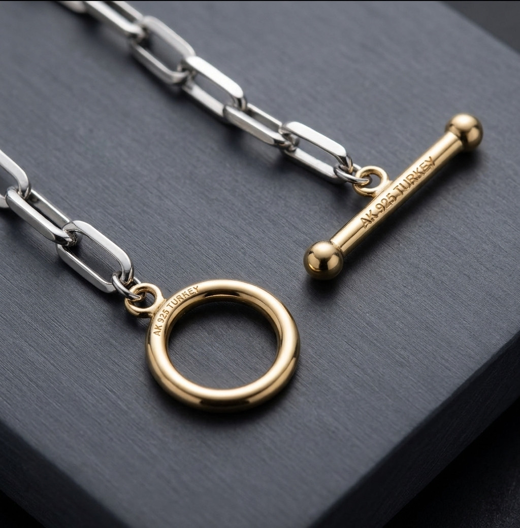 Paper Clip Oval Chain Toggle Necklace Silver 14K Two-tone Gold Plated Silver