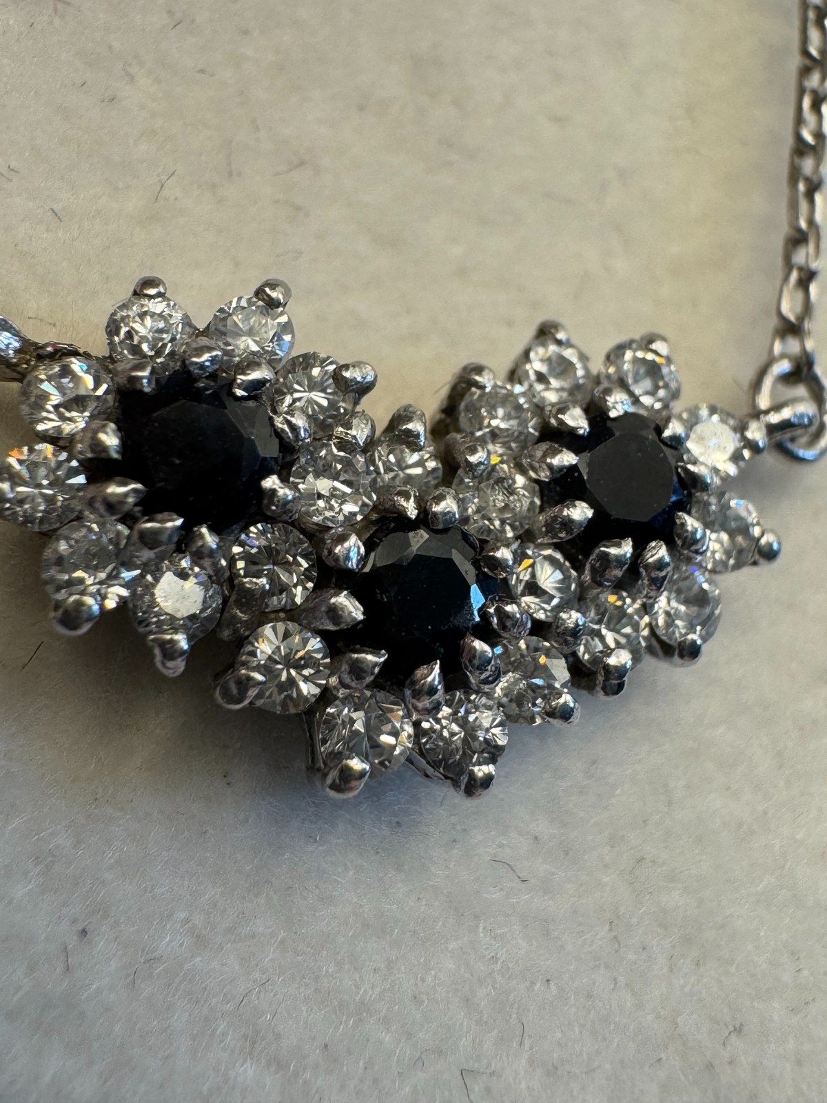 Nikolas Sterling Silver Necklace 17 In Black Clear Stone Cluster Pendant Vintage