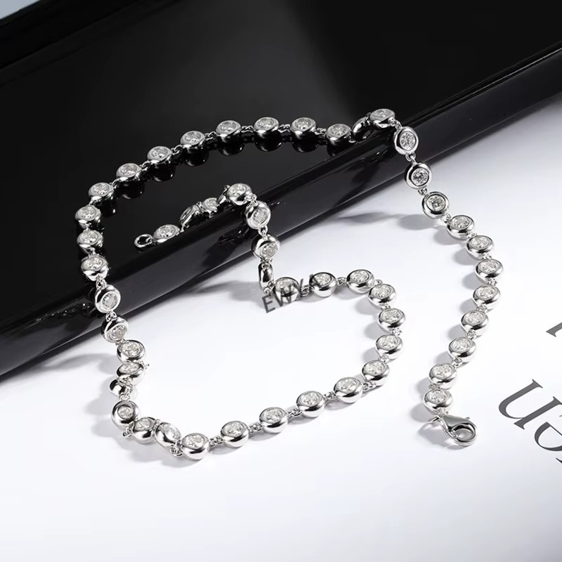 Bezel Set D Color Moissanite Tennis Necklace Chain 925 Silver 16 Inches WG GRA