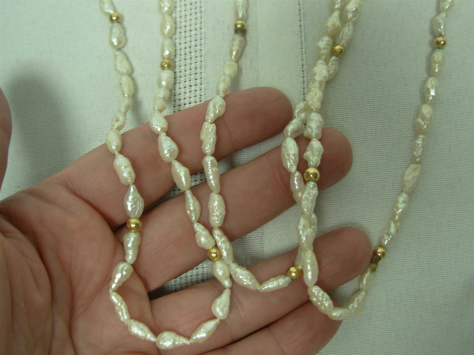 3 STRANDS WHITE FRESHWATER PEARL NECKLACES with GOLD TONE BEADS EACH 32″