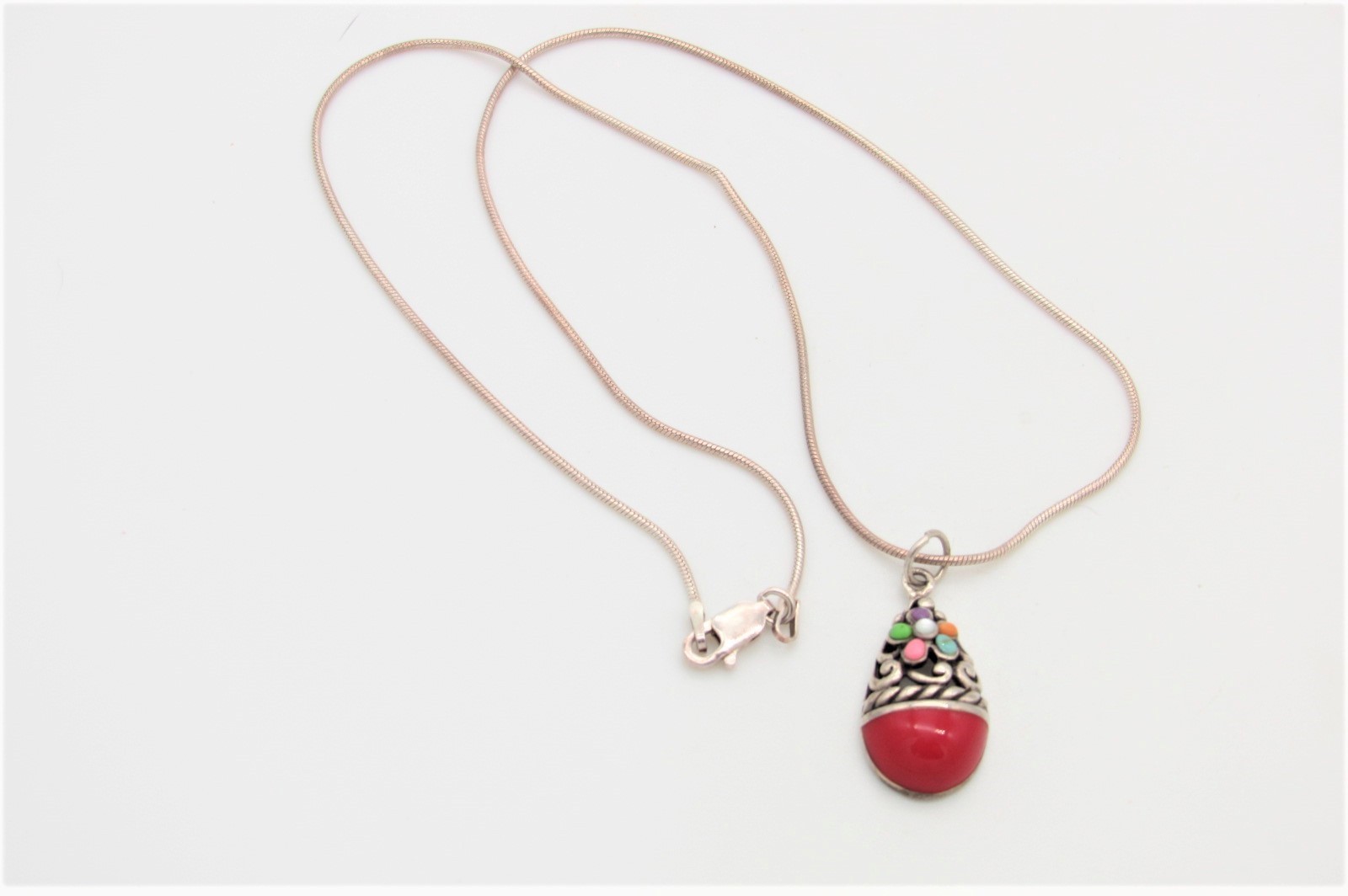 SX Thailand Sterling Egg Pendant Necklace w/Stone Inlay & Accents