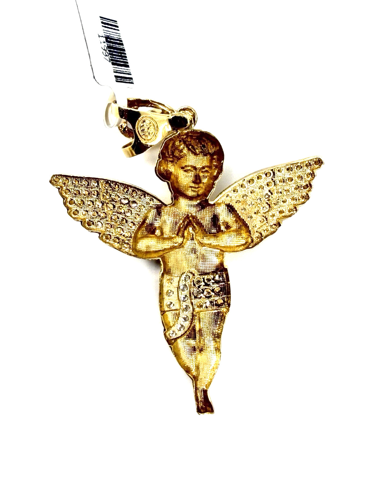 10K Solid Yellow Gold Iced Guardian Praying Angel Pendant CZ Italy