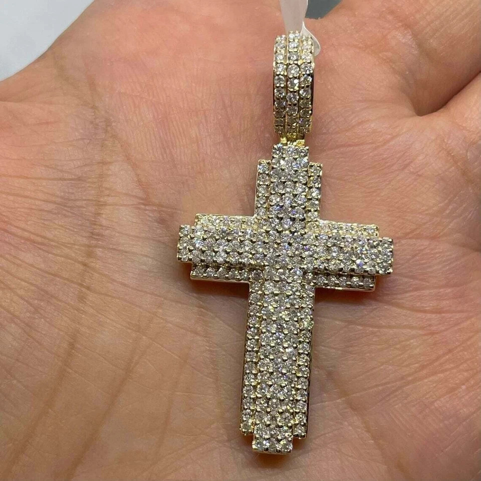 3Ct Round Cut VVS1 Diamond Cross Pendant 14K Yellow Gold Finish 18″Free Chain