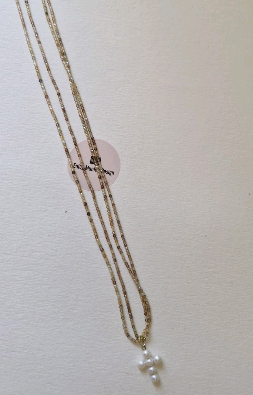 Natural ZIRCON Necklace 70cm With Akoya Pearls CROSS Removable.