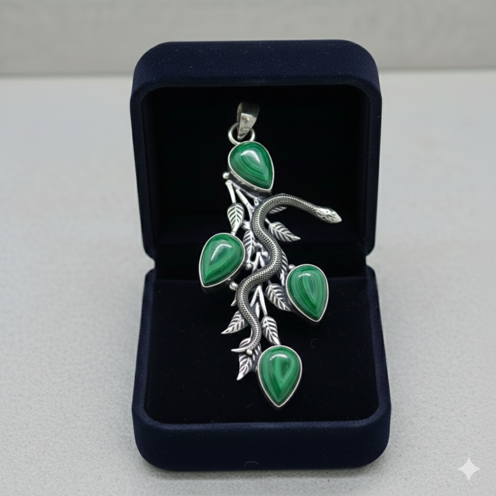 Natural Malachite Gemstone 925 Sterling Silver Snake Design Jewelry Pendant