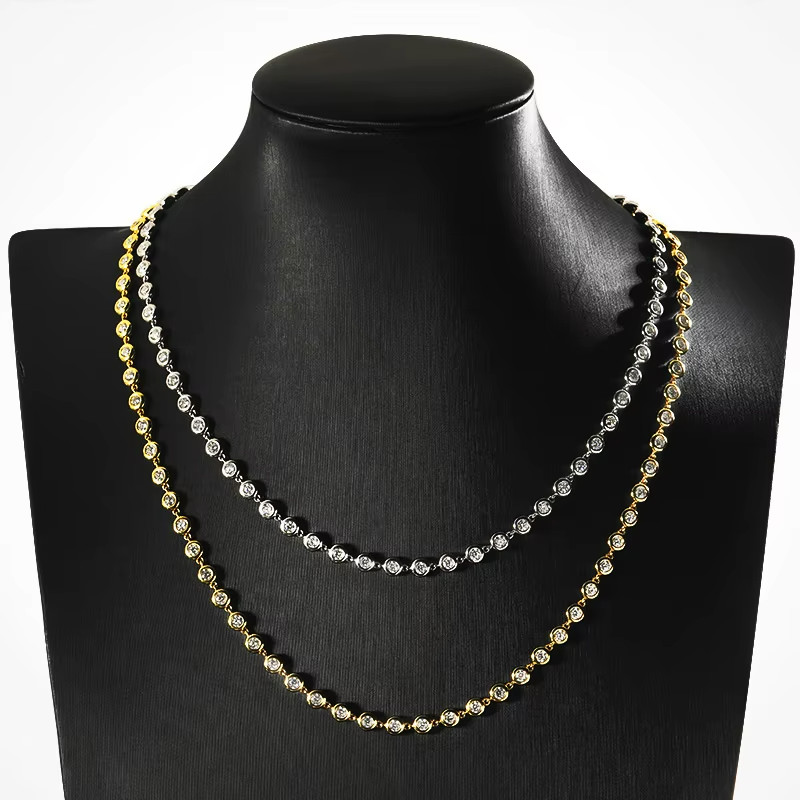 Bezel Set D Color Moissanite Tennis Necklace Chain 925 Silver 16 Inches WG GRA