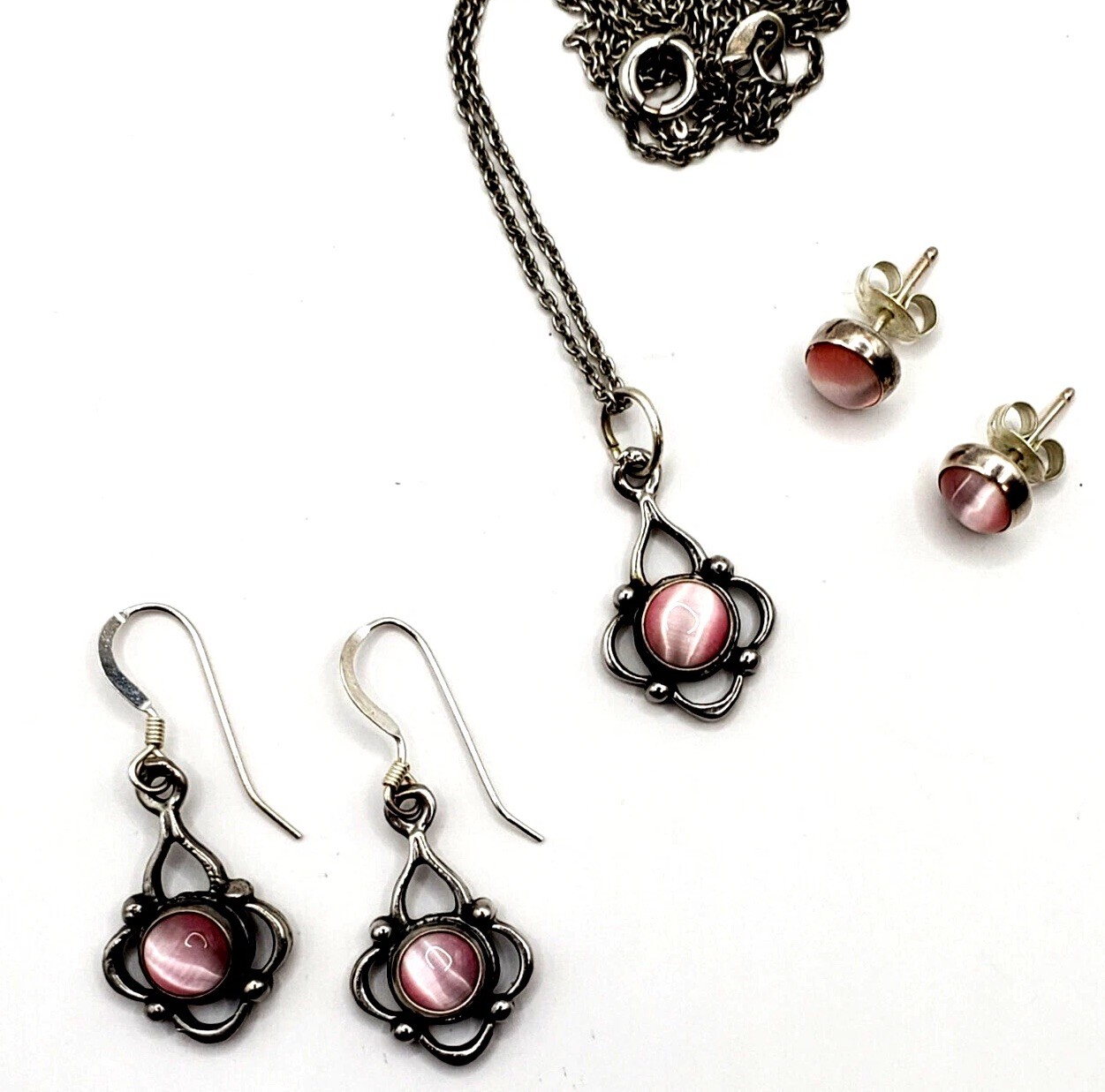 3 Pc Set Pink Cat Eye Necklace + Dangle + Stud Earrings Set 925 Sterling Silver
