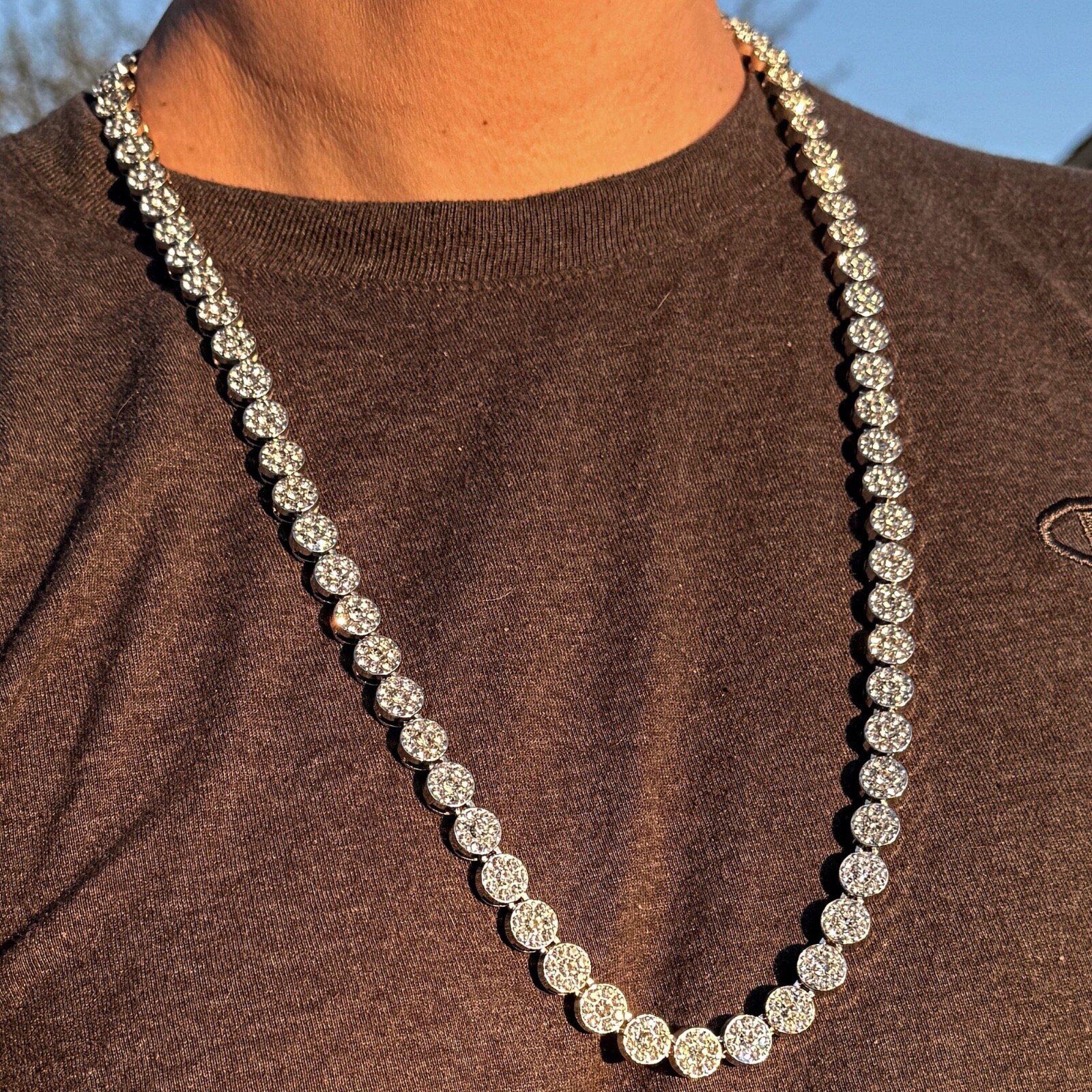 Men’s Flower Cluster Hip Hop Chain CZ Iced Bling Out One Row Silver Tone 36″