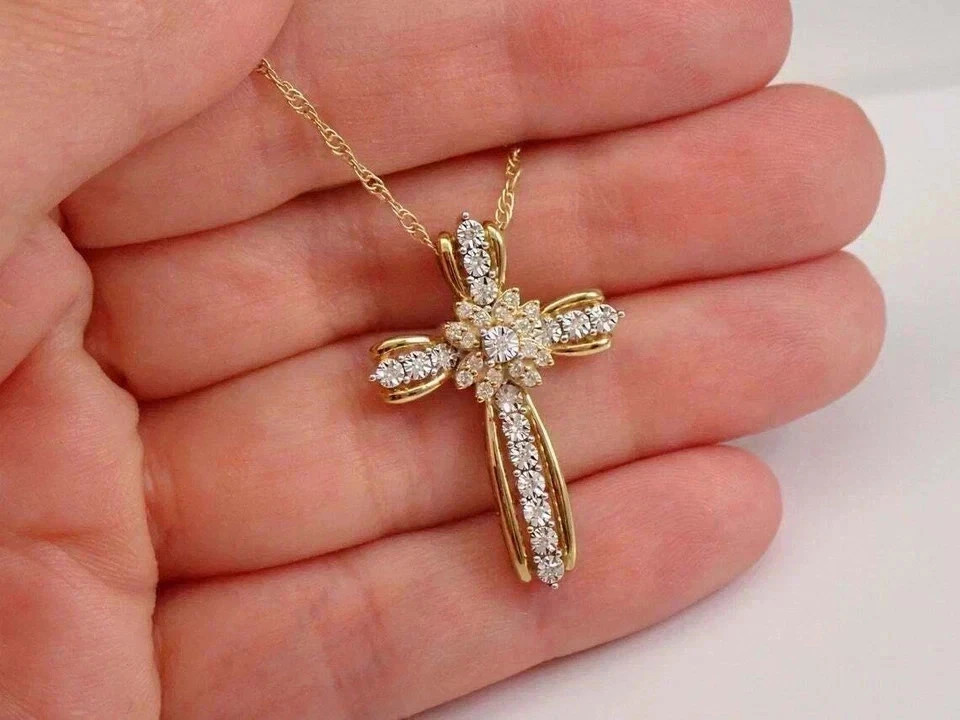 2Ct Round Cut Simulated Diamond Cluster Cross Pendant 14K Yellow Gold Plated