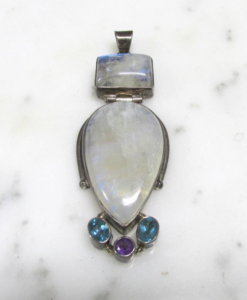 Moonstone Sterling Silver Dangle Pendant w/ Unknown Stone Accents 35.2g ~ 4-G445