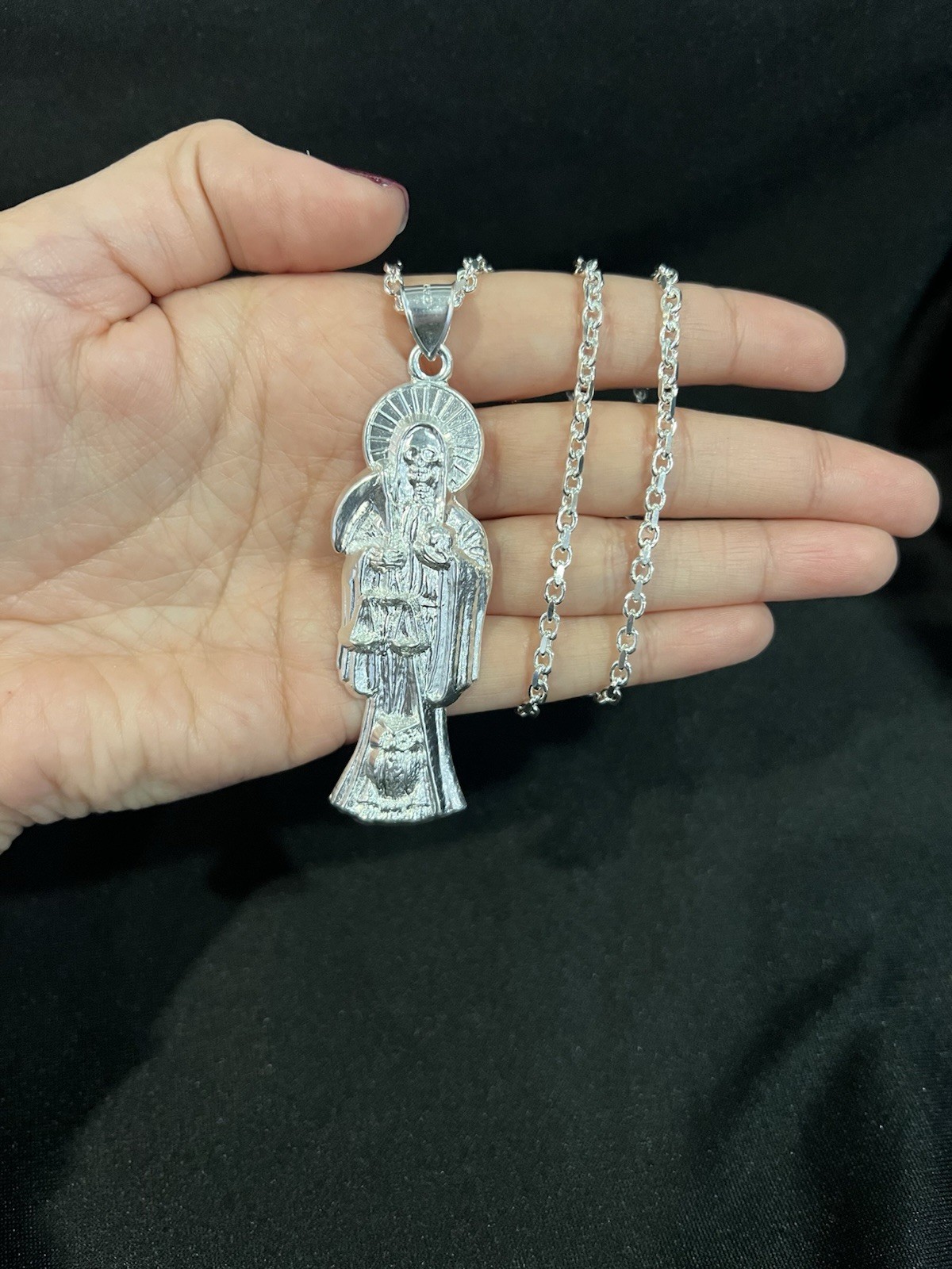 925 Sterling Silver Men Lady Santa Muerte Big Grim Reaper & Forz Chain 22 26 30