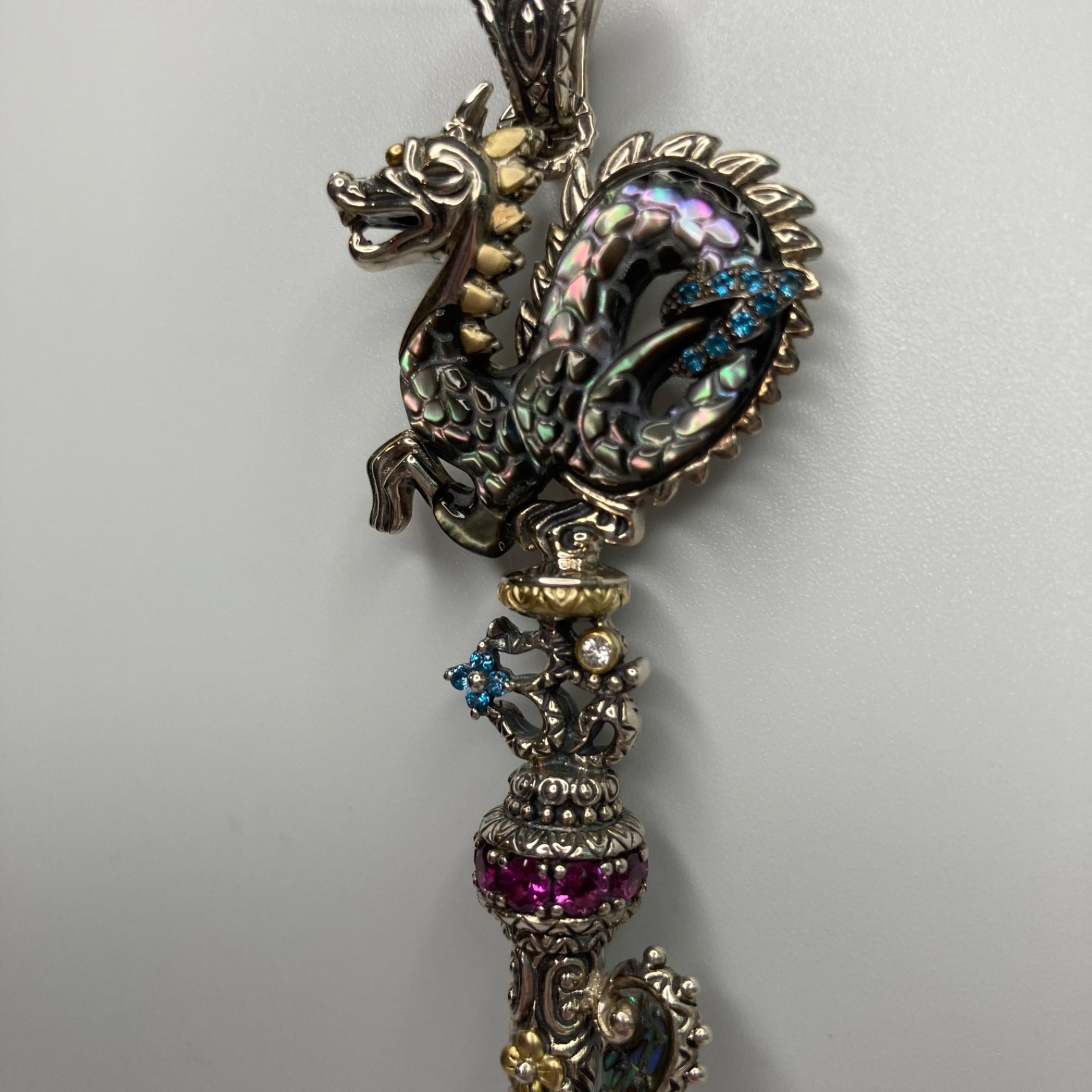 Barbara Bixby Dragon Key Enhancer Pendant Gemstones 18k Gold Sterling 925 in Box