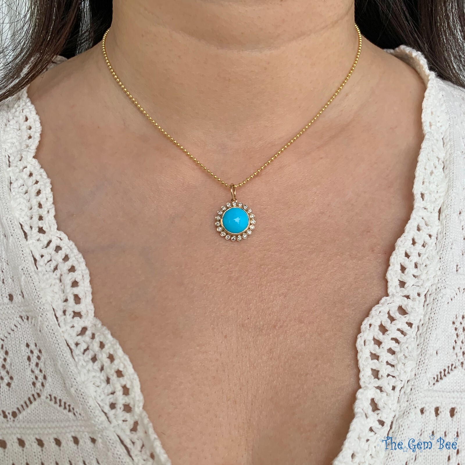 16mm 14K Yellow Gold Diamond Sleeping Beauty Turquoise Round Pendant Charm