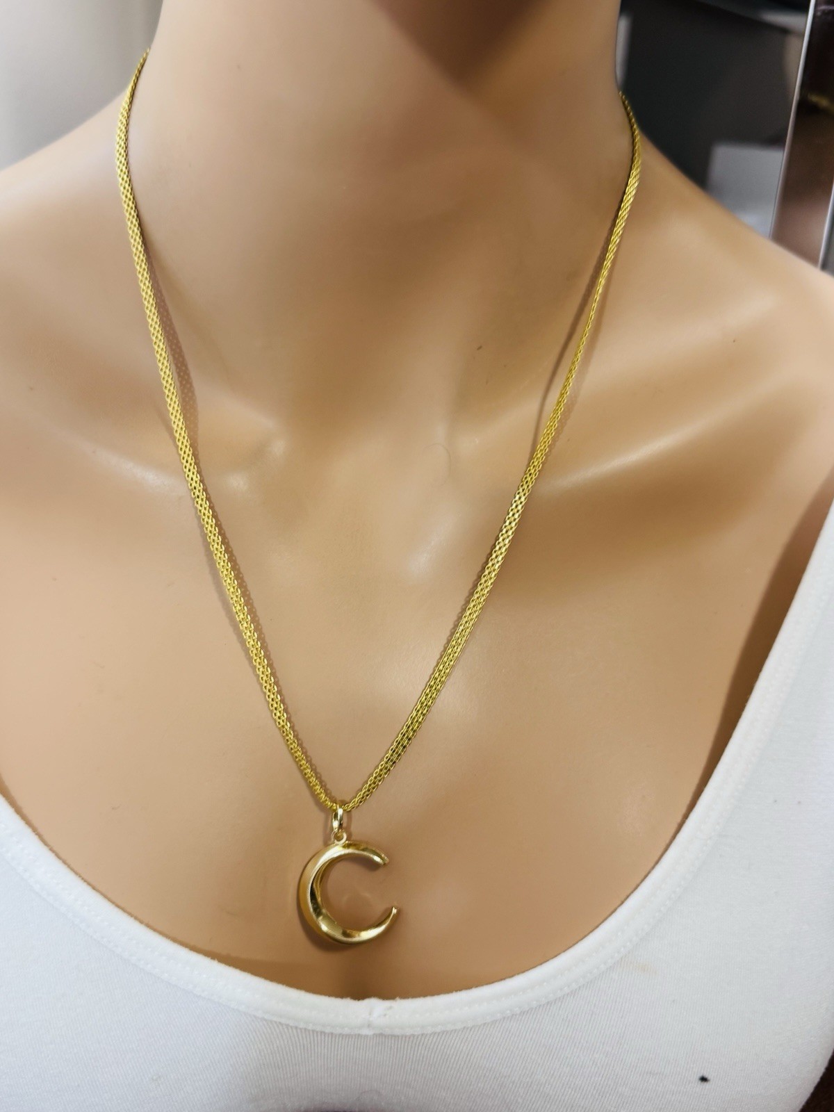 18K 750 Fine Genuine Gold Half Moon/Letter C Necklace 21.6/22” Long 12g 3.8mm
