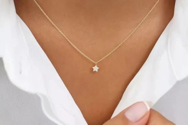 0.17 Ct Round Moissanite Tiny Star Charm Pendant Necklace 14K Yellow Gold Plated